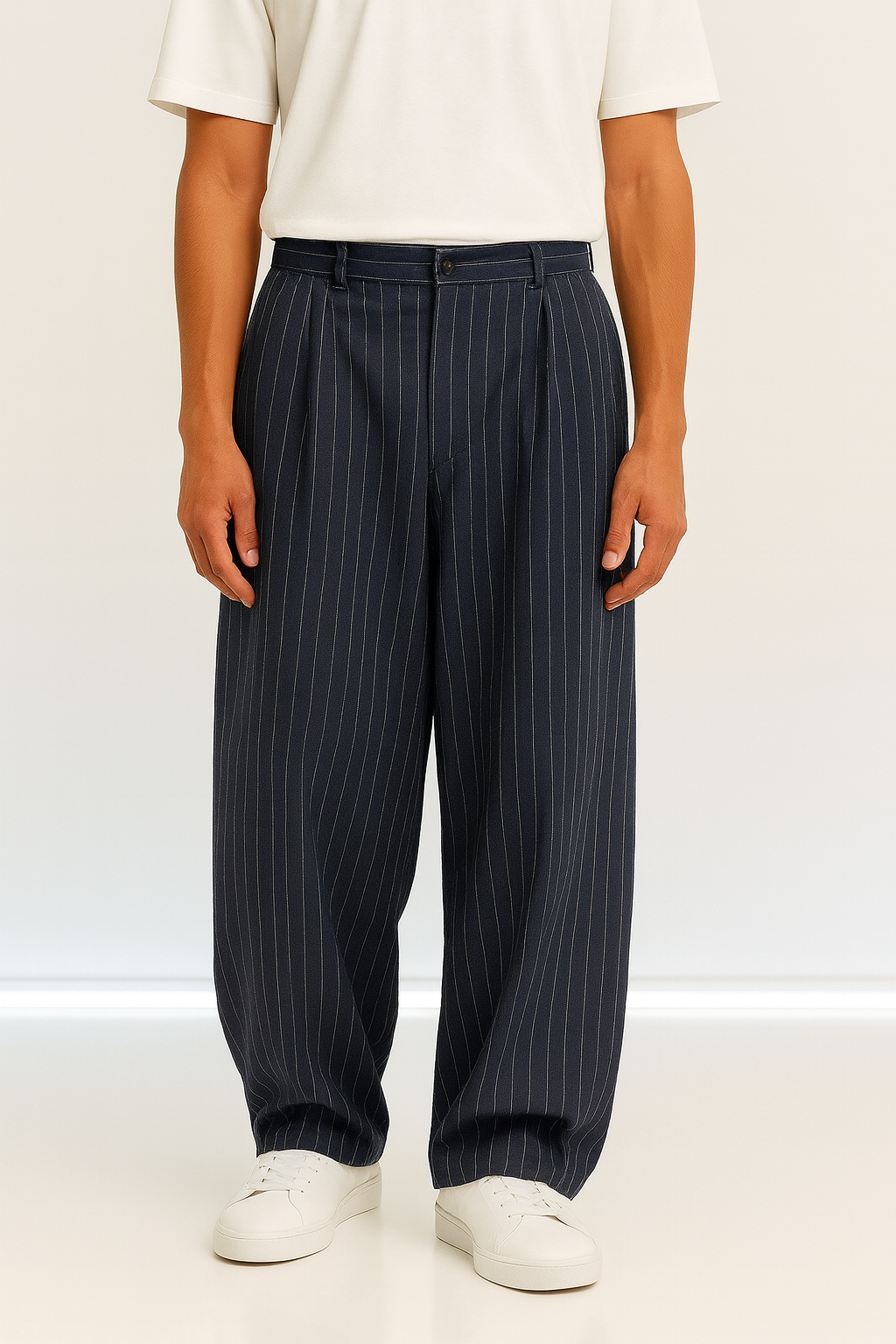 Navy Pinstripe Wide-Leg Trousers Classic — flow, comfort, and style in every step.