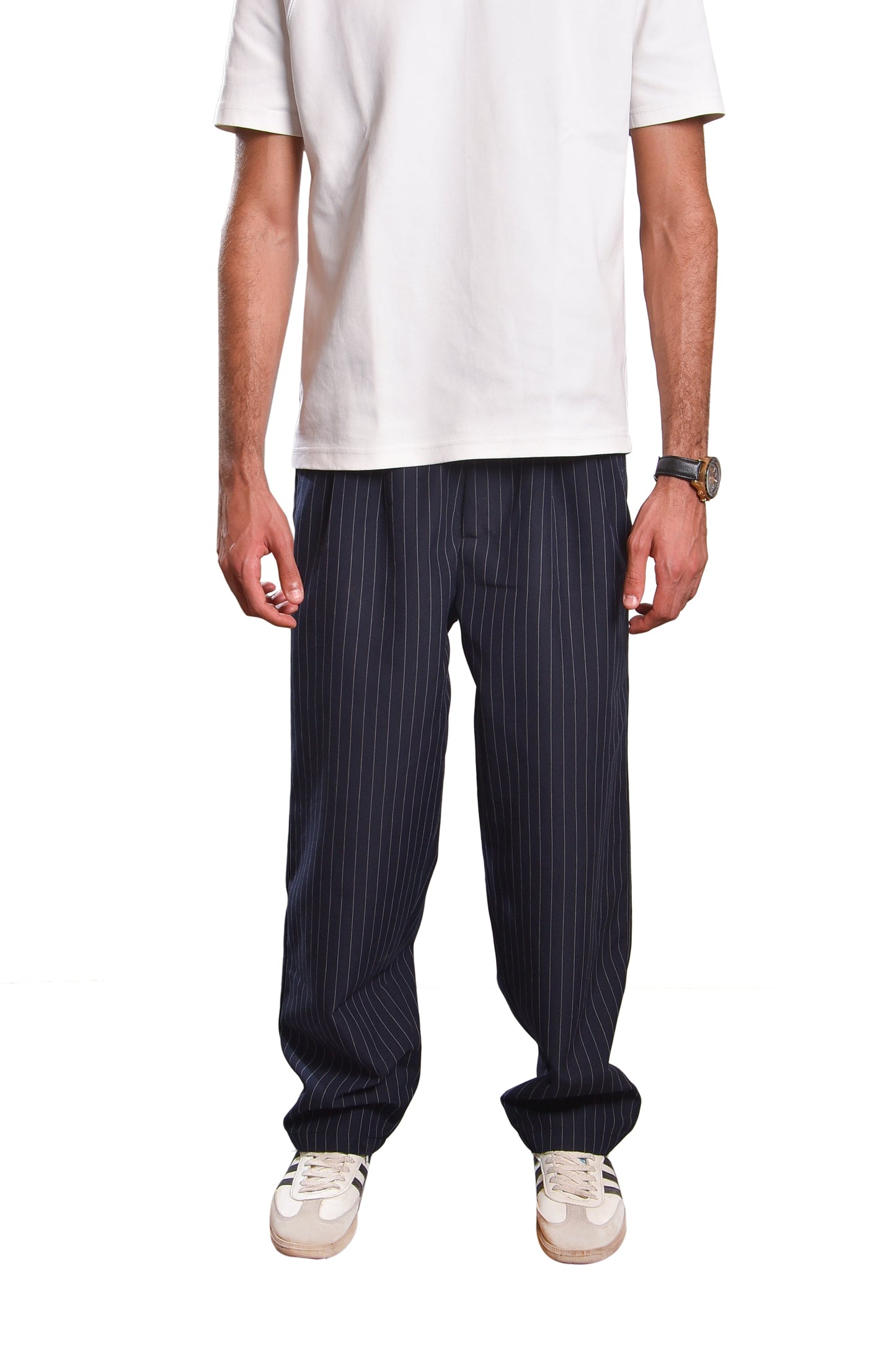 Navy Pinstripe Wide-Leg Trousers Classic — flow, comfort, and style in every step.